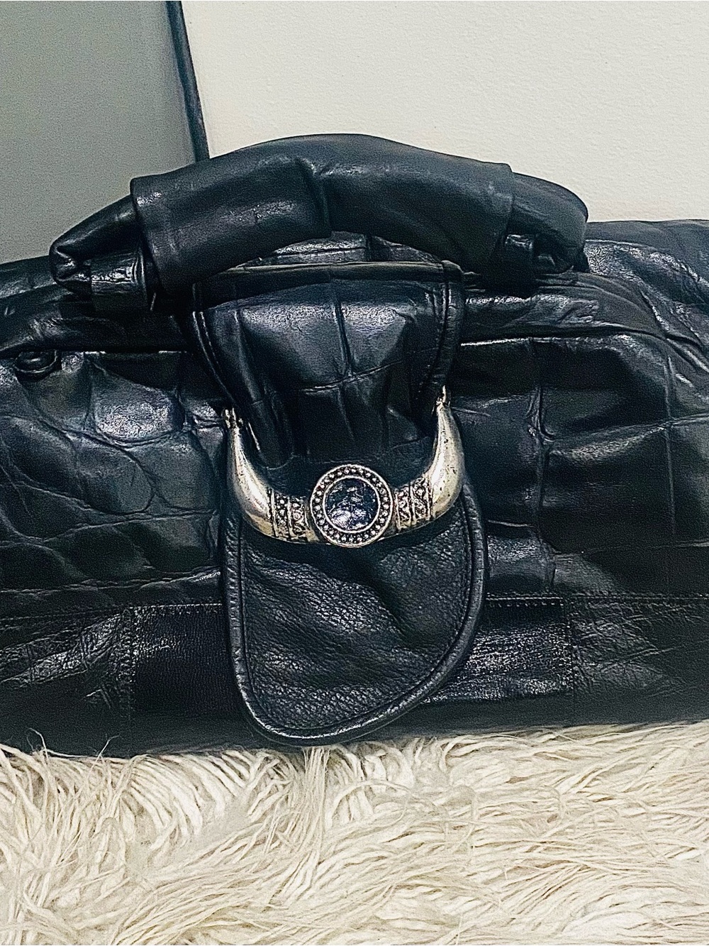 Vintage Black Multi Texture Patchwork Leather Croc Embossed Top Handle Bag Purse